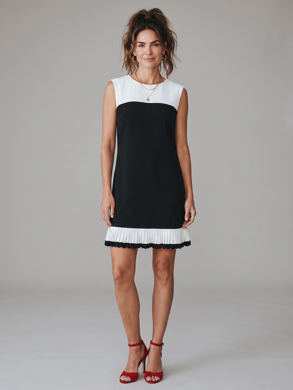 Studio One White Black Pleated Hem Dress Size 8 Classic Colorblock Sleeveless